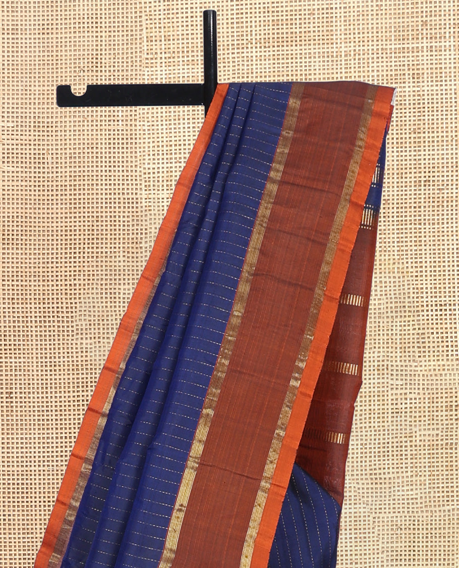Blue Kanchipuram Silk Saree, Sparsely Woven with Muthu Zari Stripes, Complemented by a Contrast Border, Zari Design Pallu, and a Contrast Blouse