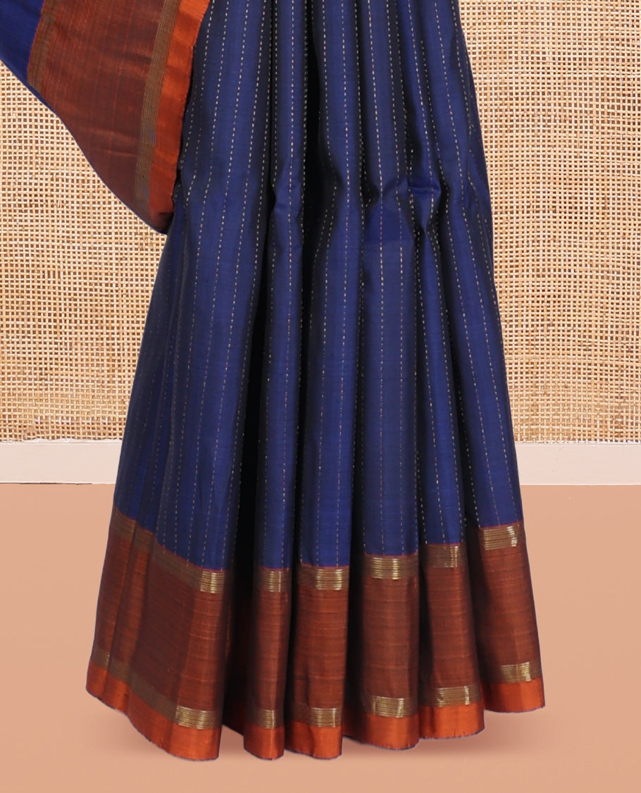 Blue Kanchipuram Silk Saree, Sparsely Woven with Muthu Zari Stripes, Complemented by a Contrast Border, Zari Design Pallu, and a Contrast Blouse