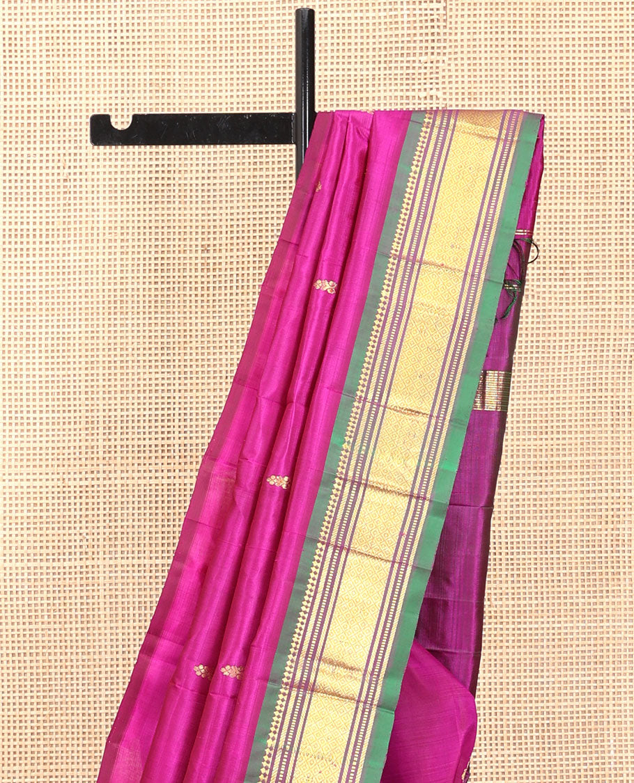 Pink Kanchipuram Silk Saree, Woven with Zari Buttas, a Contrast One-Sided Border of Panner Sombu, Banaras, Muthu, and Mayil Kann Designs, Zari Design Pallu, and No Blouse
