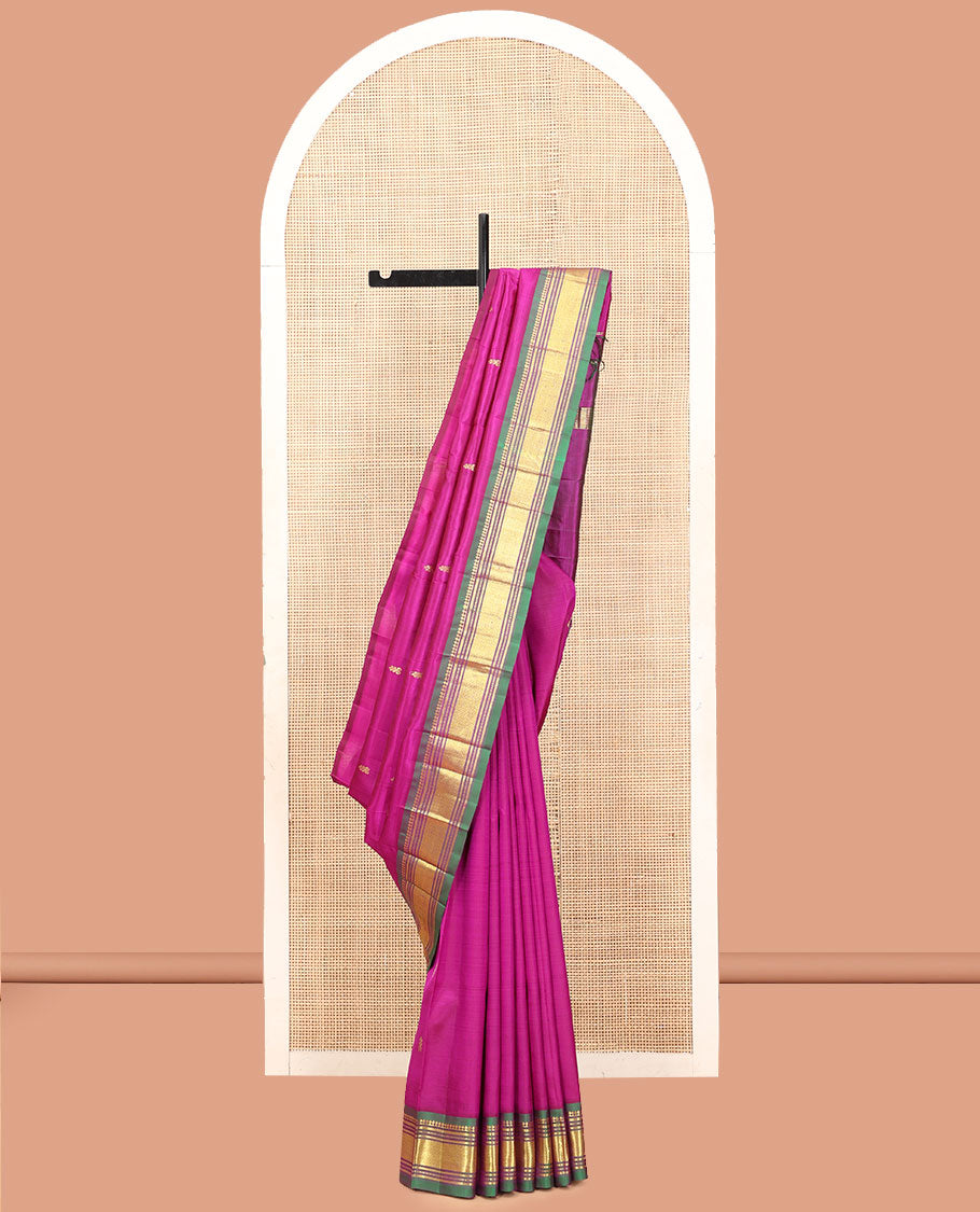 Pink Kanchipuram Silk Saree, Woven with Zari Buttas, a Contrast One-Sided Border of Panner Sombu, Banaras, Muthu, and Mayil Kann Designs, Zari Design Pallu, and No Blouse