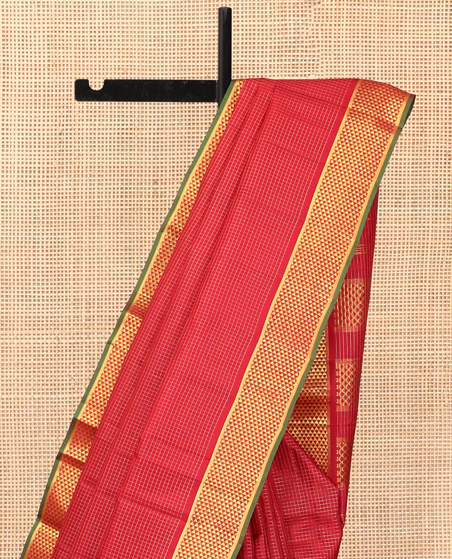 Red Checked Kanchipuram Silk Saree, Highlighted by a Zari Border of Ara Maadam Design, Pallu of Ara Maadam Design, and a Matching Blouse