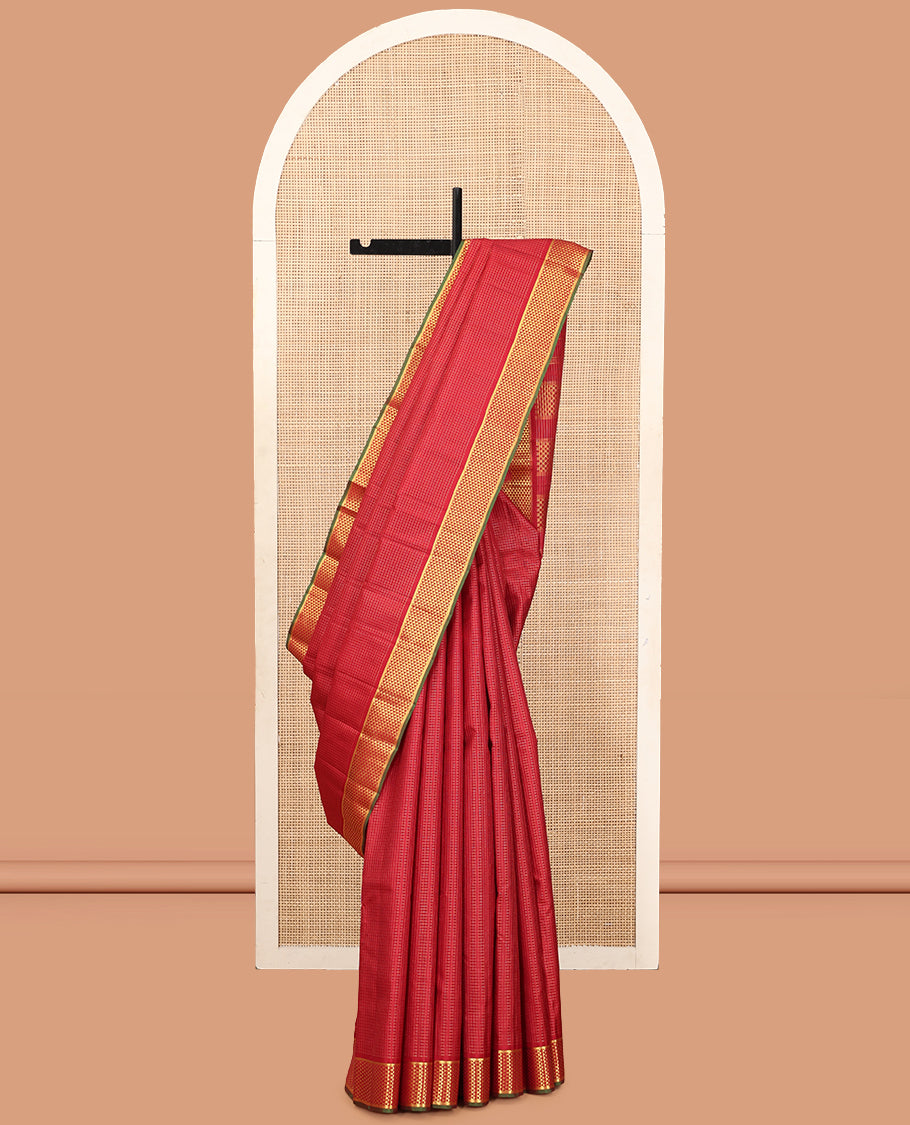 Red Checked Kanchipuram Silk Saree, Highlighted by a Zari Border of Ara Maadam Design, Pallu of Ara Maadam Design, and a Matching Blouse