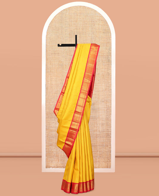 Yellow Checked Kanchipuram Silk Saree, Contrast Korvai Border of Salngai, Muthu, Zari Stripes, Mayil, and Manga Design, Jaal Pallu, and a Contrast Blouse