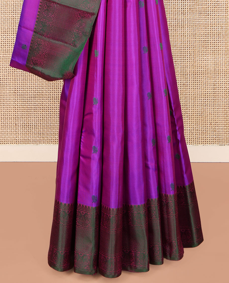 Purple Kanchipuram Silk Saree, Adorned with Diamond and Mayil Thread Buttas on Its Body, Complemented by a Contrast Border of Thilakam Mokku, Iruthalai Pakshi, and Kuyil Kann Designs, Pallu of Jaal Designs, and Paired with a Contrast Blouse