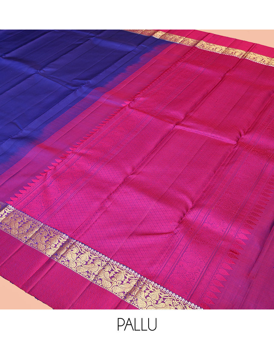 Blue Plain Kanchipuram Silk Saree, Complemented by a Contrast Border of Muthu, Mayil, and Vanki Designs, Jaal Pallu, and Paired with a Contrast Blouse