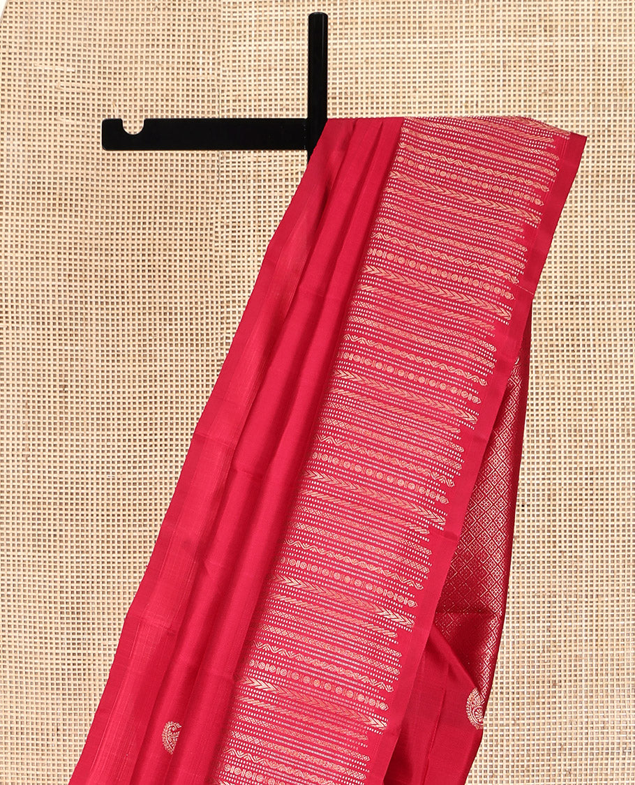 Red Kanchipuram Silk Saree, Adorned with Manga Buttas All Over Its Body, Highlighted by a Zari Border of Geometric Patterns, Grand Jaal Pallu, and Paired with a Matching Blouse