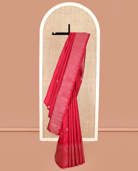 Red Kanchipuram Silk Saree, Adorned with Manga Buttas All Over Its Body, Highlighted by a Zari Border of Geometric Patterns, Grand Jaal Pallu, and Paired with a Matching Blouse