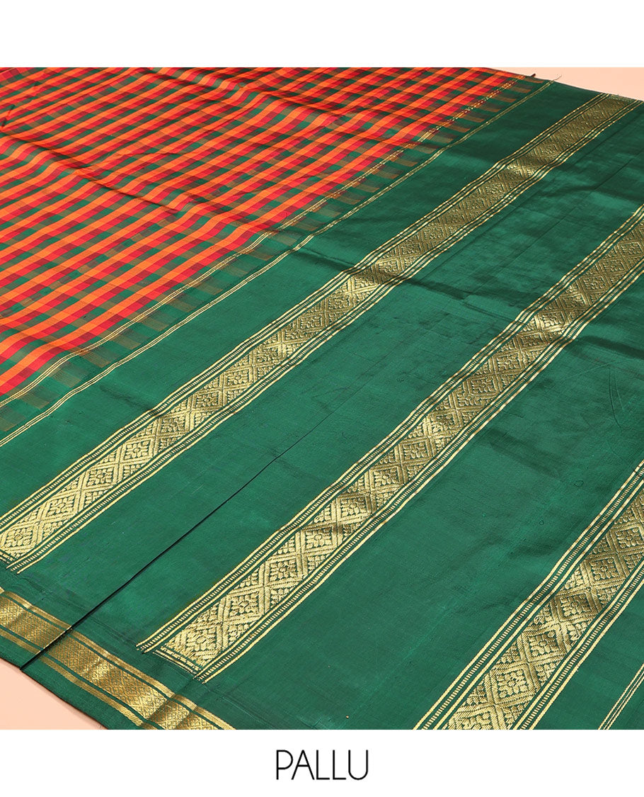 Multi-Color Kanchipuram Silk Saree, Enthralled with Palum Pazhamum Checks, Complemented by a Contrast One-Sided Korvai Border of Banaras and Jaal Designs, Grand Pallu, and No Blouse