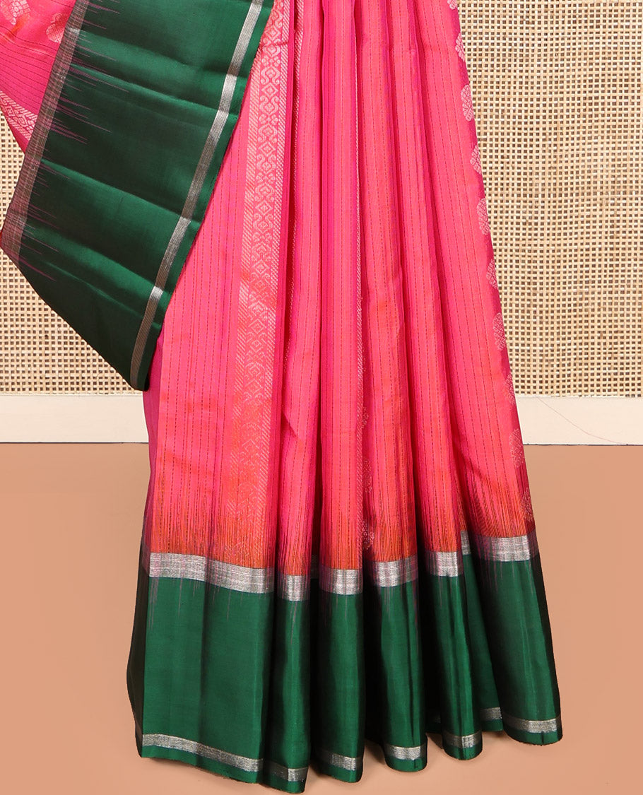 Pink Kanchipuram Silk Saree, Sparsely Woven with Buttas and Stripes, Complemented by a Contrast Bodi Border, Grand Pallu, and a Contrast Blouse