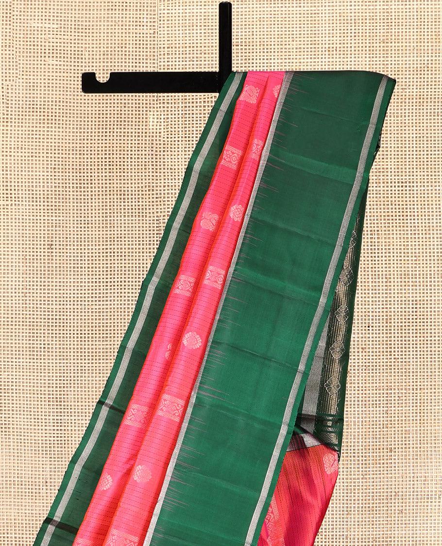 Pink Kanchipuram Silk Saree, Sparsely Woven with Buttas and Stripes, Complemented by a Contrast Bodi Border, Grand Pallu, and a Contrast Blouse