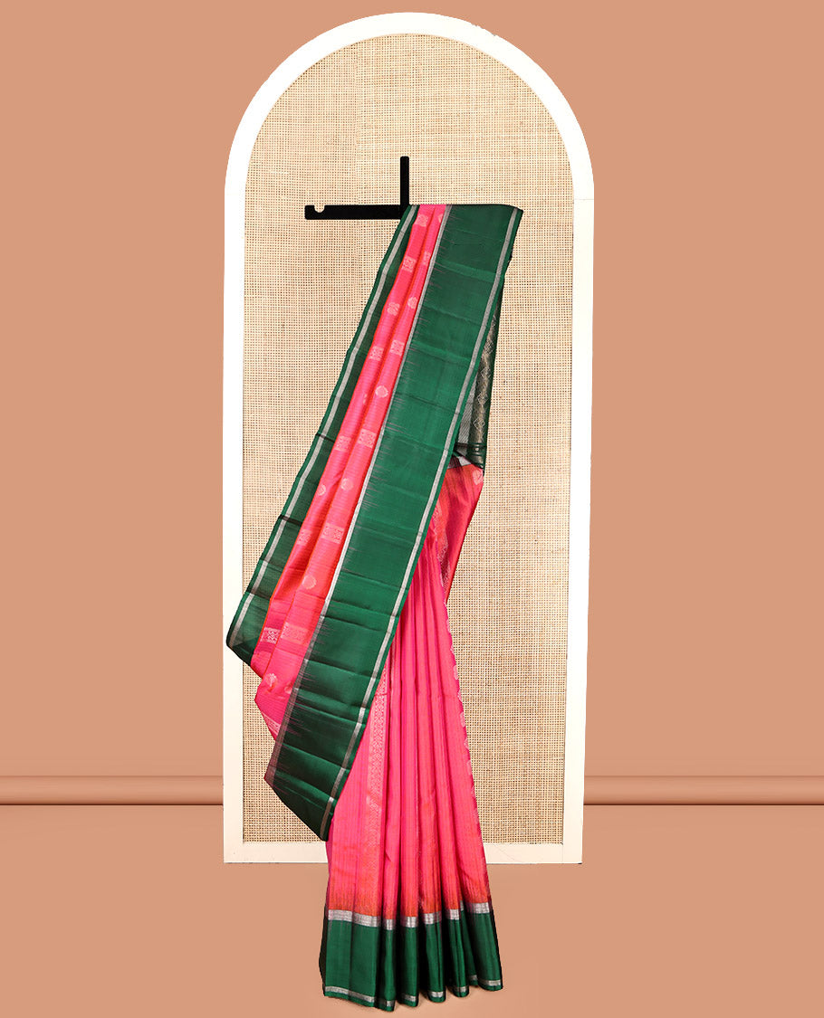 Pink Kanchipuram Silk Saree, Sparsely Woven with Buttas and Stripes, Complemented by a Contrast Bodi Border, Grand Pallu, and a Contrast Blouse