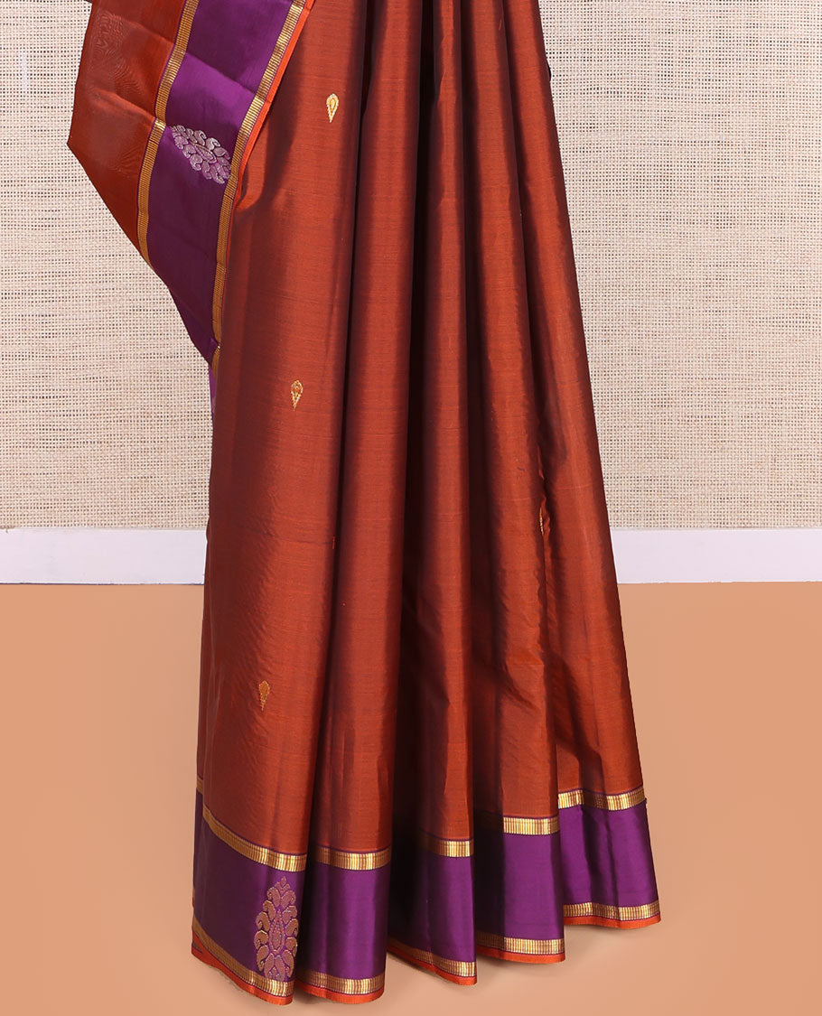 Rust Kanchipuram Silk Saree, Woven with Zari Buttas, a Contrast Traditional Zari Border, Zari Design Pallu, and a Contrast Blouse