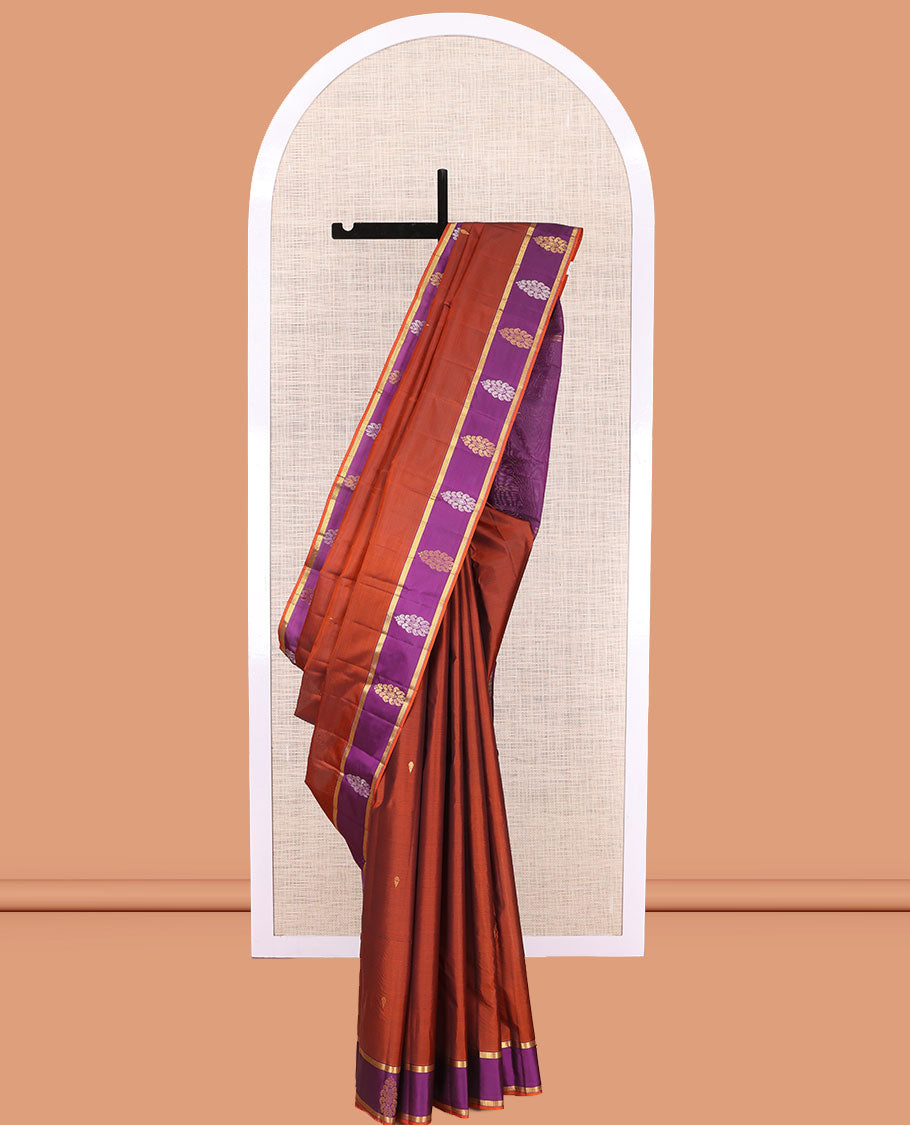 Rust Kanchipuram Silk Saree, Woven with Zari Buttas, a Contrast Traditional Zari Border, Zari Design Pallu, and a Contrast Blouse