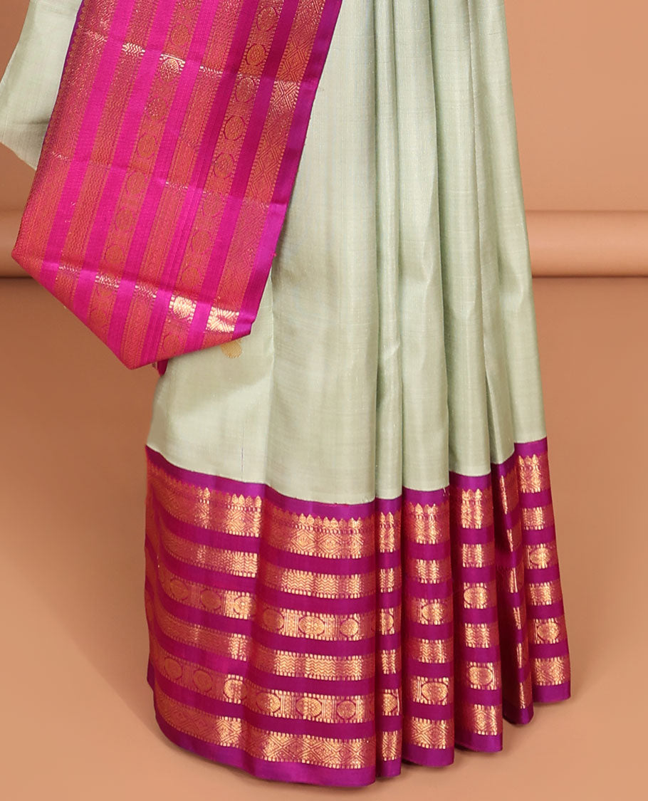 Grey kancheepuram silk saree with contrast korvai intricate zari design & checked zari design pallu