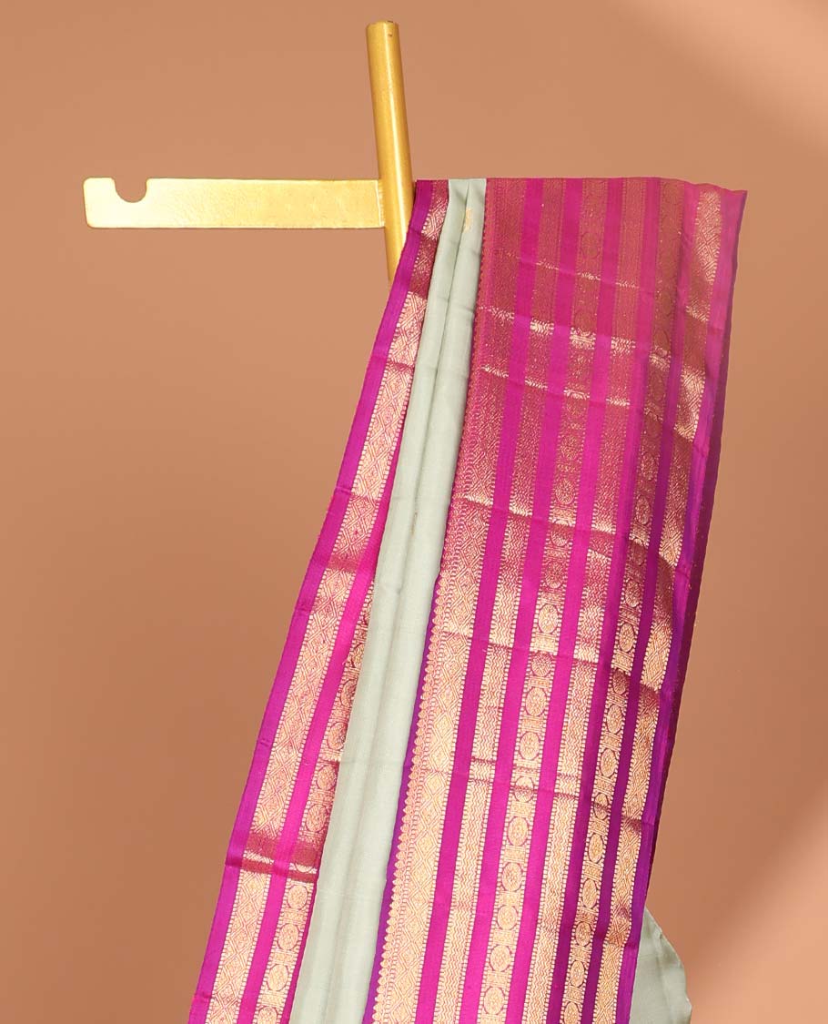 Grey kancheepuram silk saree with contrast korvai intricate zari design & checked zari design pallu