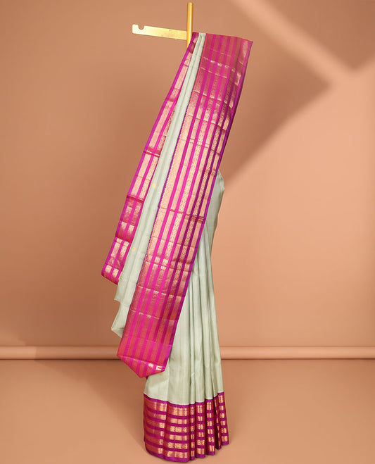 Grey kancheepuram silk saree with contrast korvai intricate zari design & checked zari design pallu