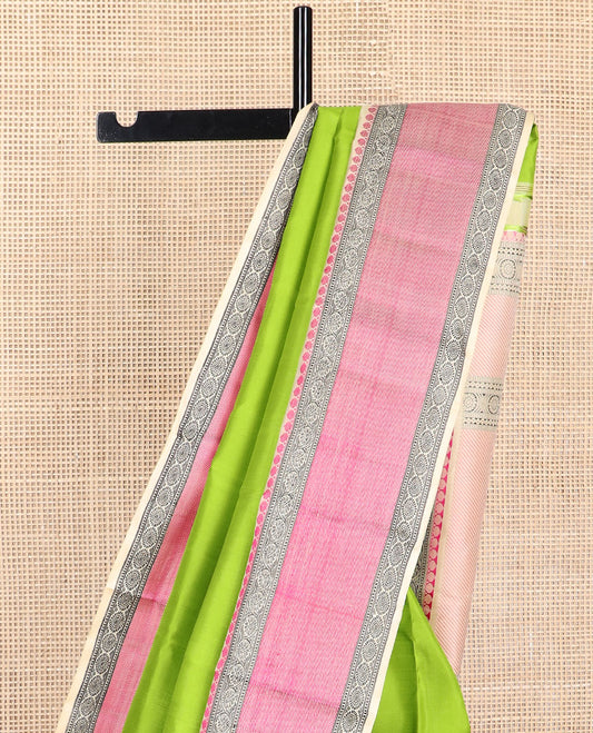 light green kancheepuram silk saree with contrast border of thilakam mokku, banaras, poo chakram design & zari design pallu