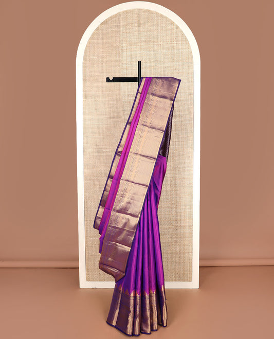Purple plain Kanchipuram silk saree, Contrast border of thazampoo rekku, kathir, diamond, kamalam & kuyil kann & jaal pallu