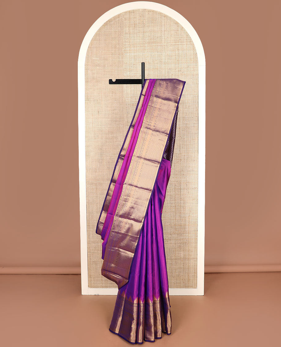 Purple plain Kanchipuram silk saree, Contrast border of thazampoo rekku, kathir, diamond, kamalam & kuyil kann & jaal pallu