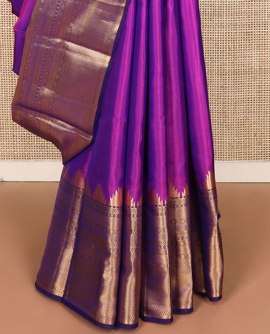 Purple plain Kanchipuram silk saree, Contrast border of thazampoo rekku, kathir, diamond, kamalam & kuyil kann & jaal pallu