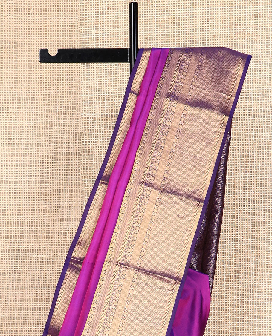 Purple plain Kanchipuram silk saree, Contrast border of thazampoo rekku, kathir, diamond, kamalam & kuyil kann & jaal pallu