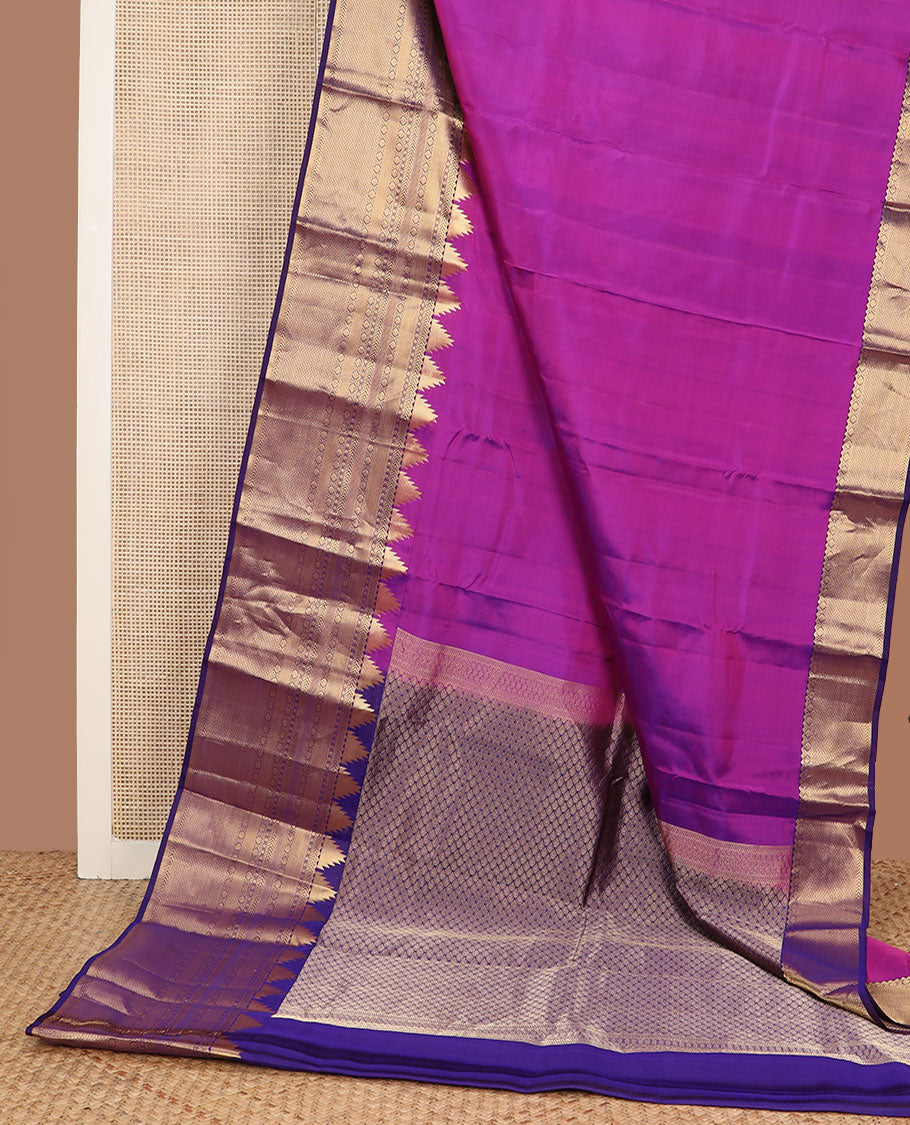 Purple plain Kanchipuram silk saree, Contrast border of thazampoo rekku, kathir, diamond, kamalam & kuyil kann & jaal pallu