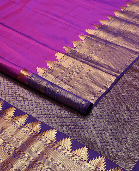 Purple plain Kanchipuram silk saree, Contrast border of thazampoo rekku, kathir, diamond, kamalam & kuyil kann & jaal pallu