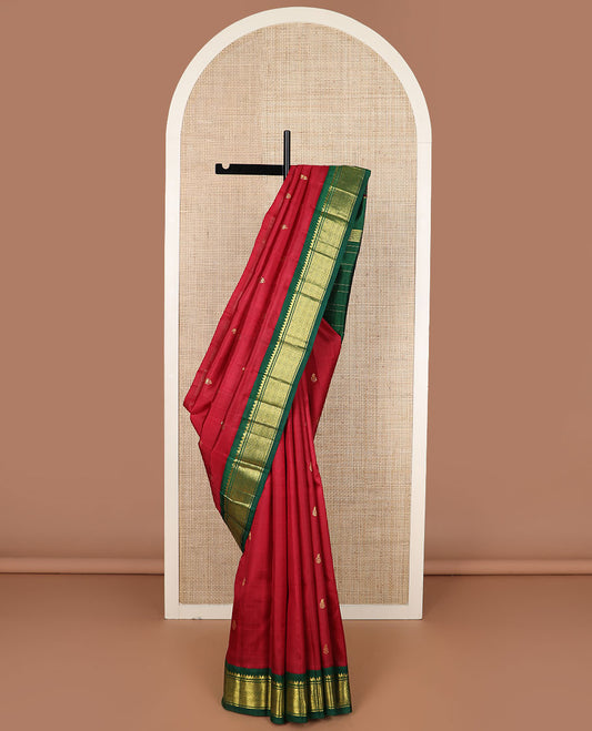 Red zari buttas Kanchipuram silk saree, contrast korvai border of thilakam mokku & jaal design & zari design pallu