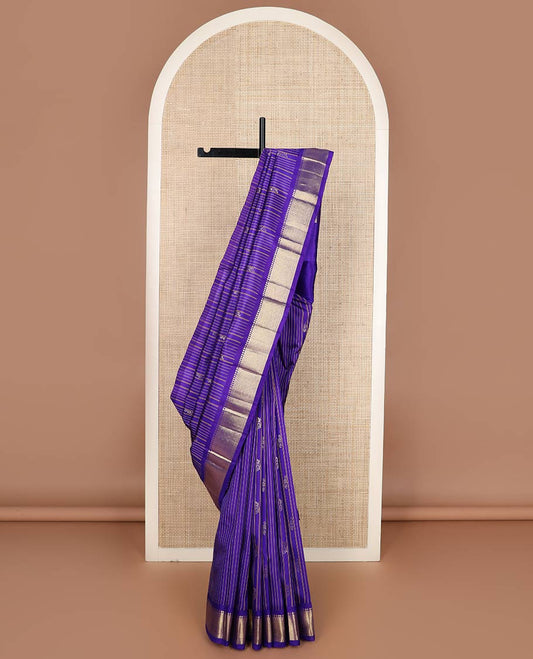 Blue stripes & buttas Kanchipuram silk saree, one-sided border of panner sombu,banaras & mayil kann & zari design pallu