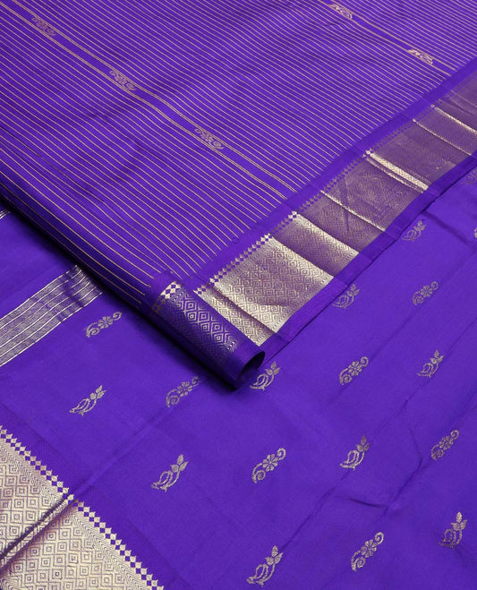 Blue stripes & buttas Kanchipuram silk saree, one-sided border of panner sombu,banaras & mayil kann & zari design pallu