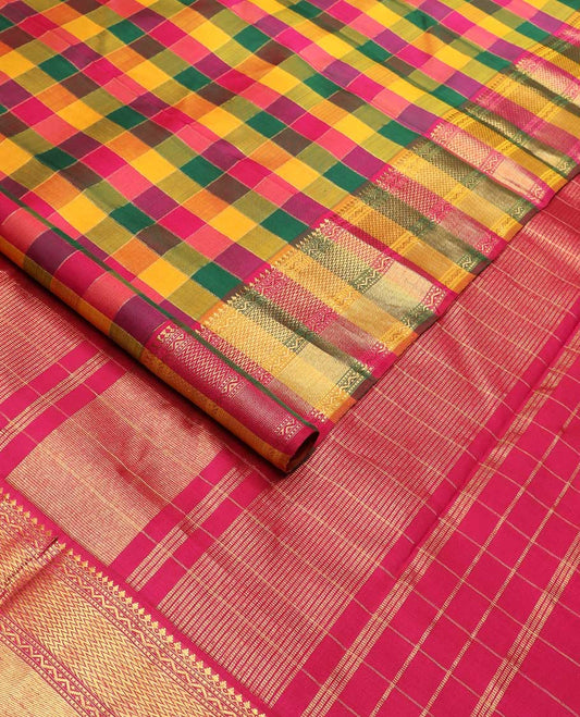 Multi-color palum pazhamum checked Kanchipuram silk saree, zari border of thilakam mokku, muthu, neli, and vanki designs, and zari-rich pallu
