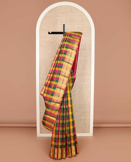 Multi-color palum pazhamum checked Kanchipuram silk saree, zari border of thilakam mokku, muthu, neli, and vanki designs, and zari-rich pallu