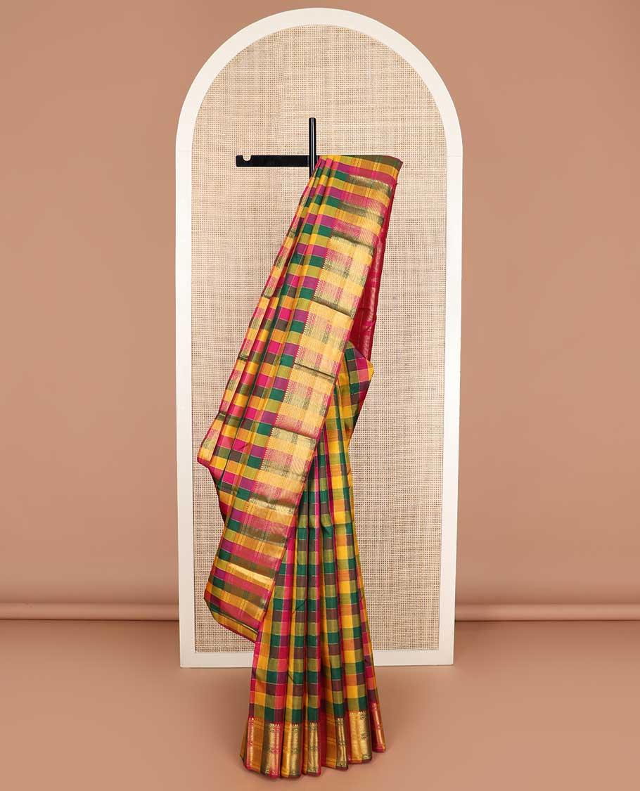 Multi-color palum pazhamum checked Kanchipuram silk saree, zari border of thilakam mokku, muthu, neli, and vanki designs, and zari-rich pallu