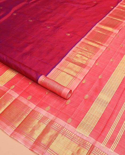 Magenta zari buttas Kanchipuram silk saree, contrast border of paneer sombu, banaras, and mayil kann designs, and zari design pallu