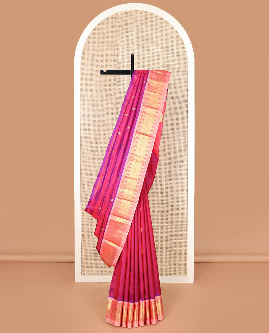 Magenta zari buttas Kanchipuram silk saree, contrast border of paneer sombu, banaras, and mayil kann designs, and zari design pallu