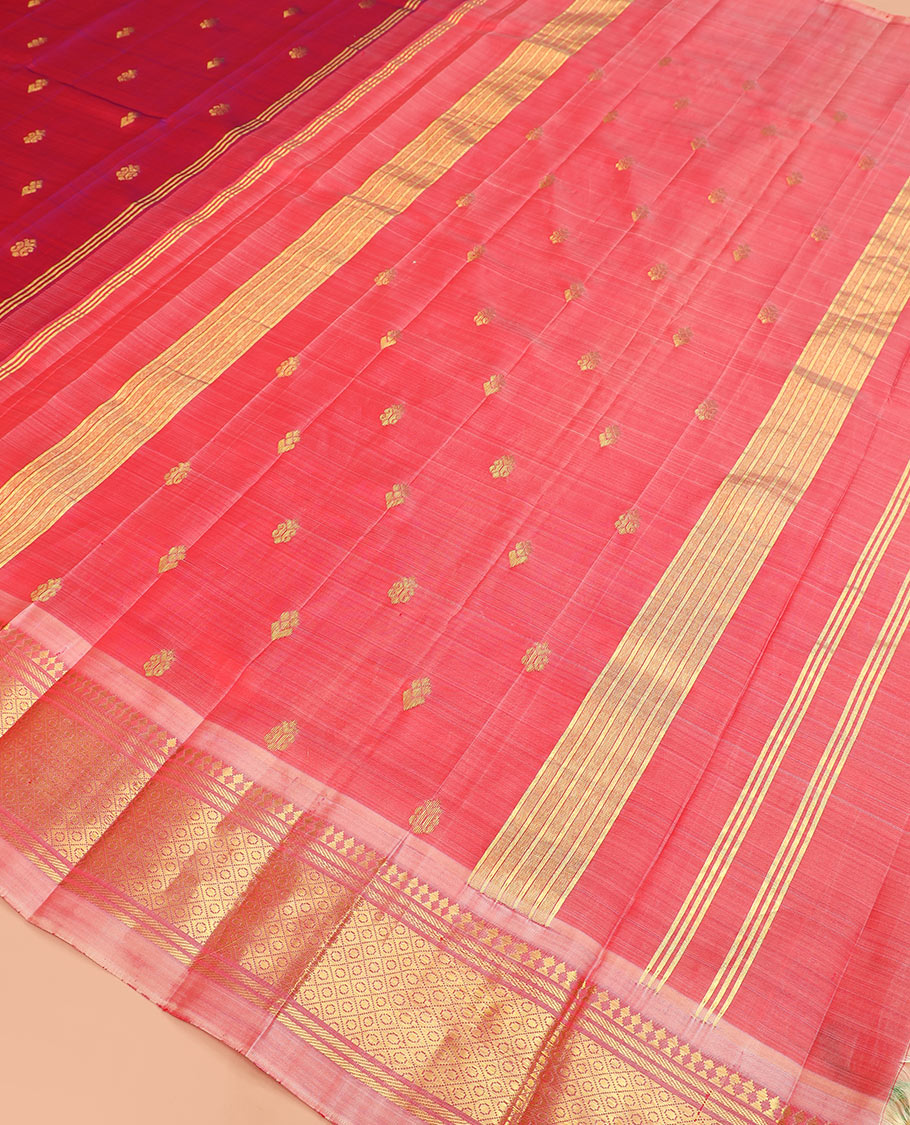 Magenta zari buttas Kanchipuram silk saree, contrast border of paneer sombu, banaras, and mayil kann designs, and zari design pallu