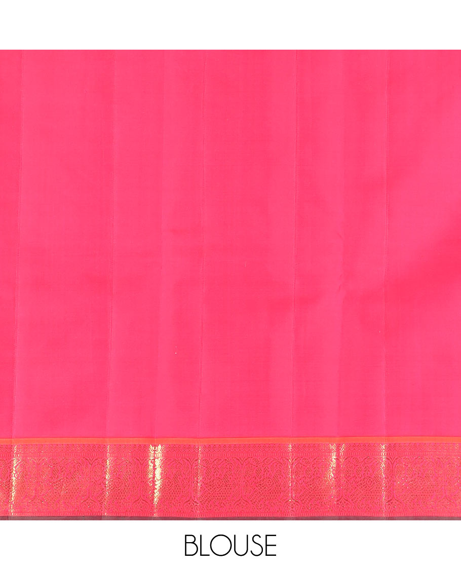 Green zari buttas Kanchipuram silk saree, contrast korvai border of thilakam mokku, muthu, and mayil designs, and jaal pallu