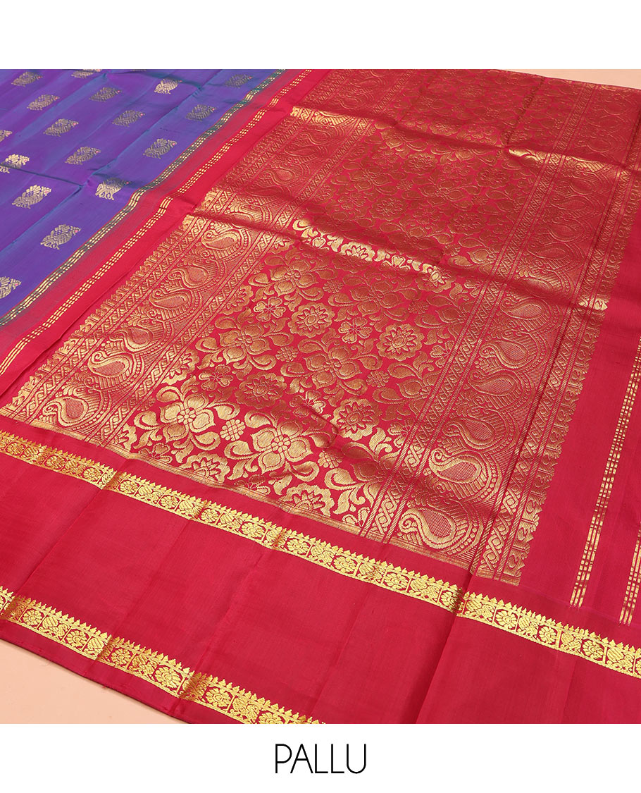 Violet Kanchipuram Silk Saree, Enthralled with Mayil Buttas on Its Body, Complemented by Contrast One-Sided Border of Mayil and Chakram Designs, Pallu Features Floral Designs, and Comes Without a Blouse