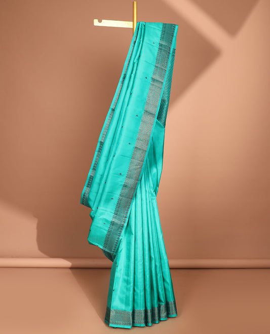 Blue buttas kancheepuram silk saree with self border of rekku,muthu,mayil, paisley design & intricate zari design pallu