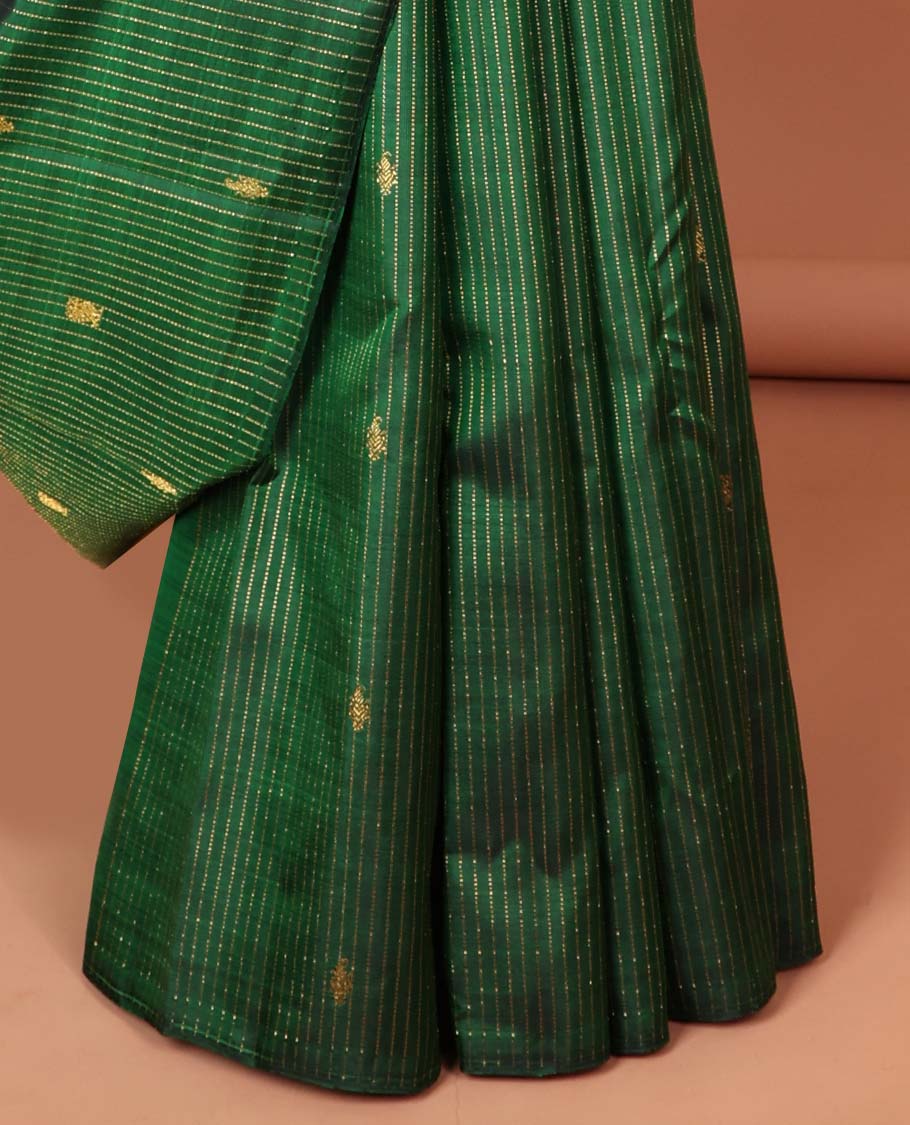 Borderless green kanchipuram silk saree with zari buttas, contrast pallu of jaal & yaanai designs