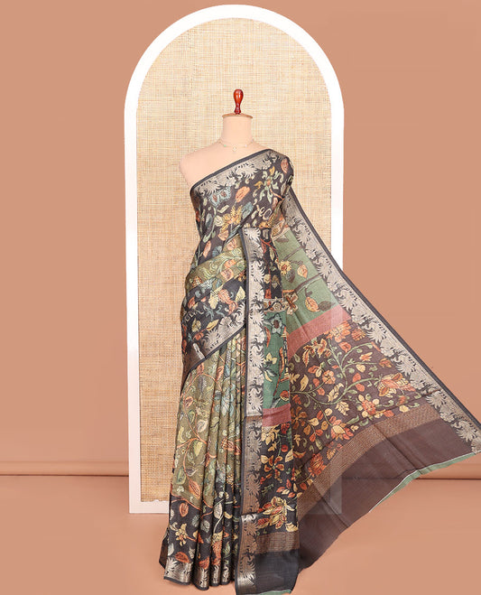 Green and Black Semi-Tussar Saree Adorned with Kalamkari-Style Floral Vine Print, Complemented by a Contrast Zari Border, Pallu of Floral Print, and Paired with a Contrast Blouse