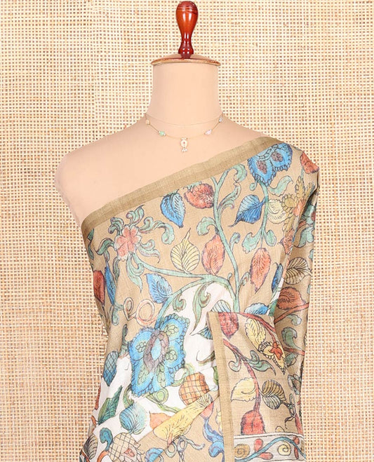 Cream-Base Semi-Tussar Saree Enriched with Kalamkari-Style Kaleidoscopic-Colored Floral Vine Print, Complemented by a Contrast Printed Border, Pallu of Flora-Fauna Print, and Paired with a Matching Printed Blouse