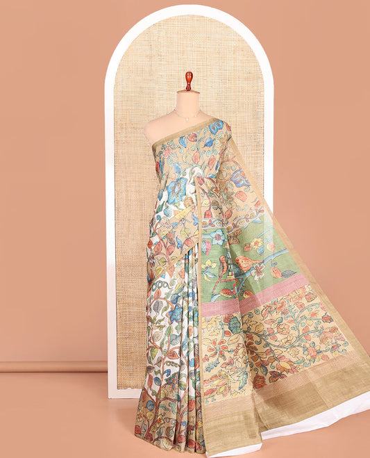 Cream-Base Semi-Tussar Saree Enriched with Kalamkari-Style Kaleidoscopic-Colored Floral Vine Print, Complemented by a Contrast Printed Border, Pallu of Flora-Fauna Print, and Paired with a Matching Printed Blouse