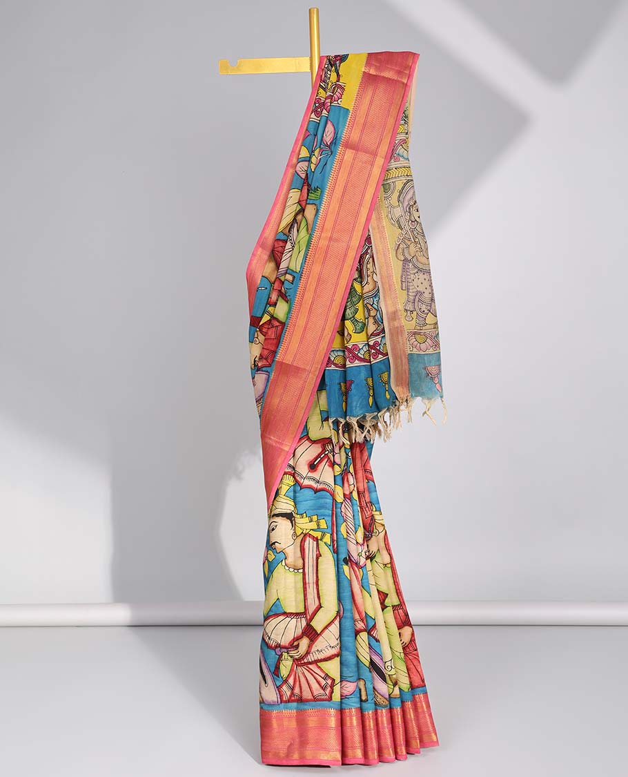 Blue floral, human design handpainted pen kalamkari silk saree with contrast plain border & gods figure design pallu