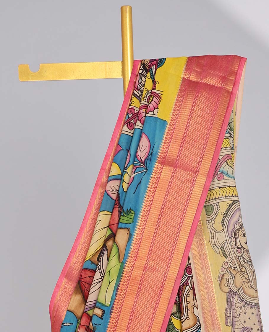 Blue floral, human design handpainted pen kalamkari silk saree with contrast plain border & gods figure design pallu