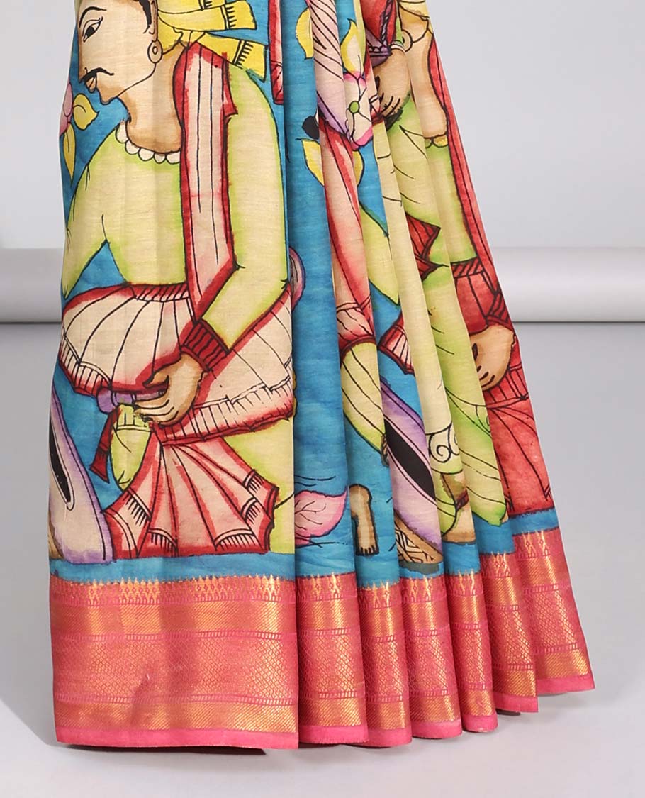 Blue floral, human design handpainted pen kalamkari silk saree with contrast plain border & gods figure design pallu