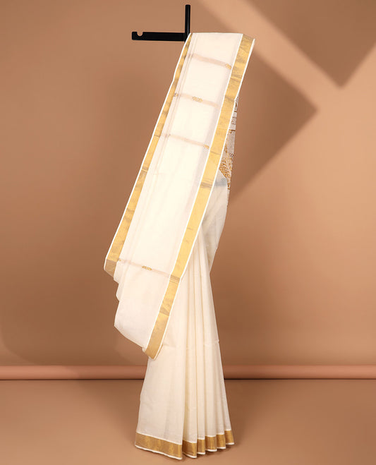 Cream kerala saree with zari stripes, zari border & pallu of floral designs