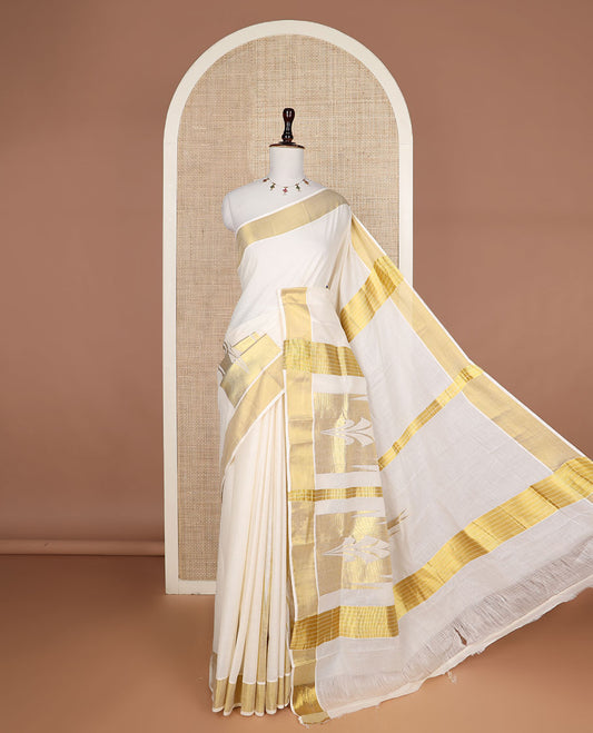 Cream Temple zari design Kerala saree, zari border, and temple design pallu