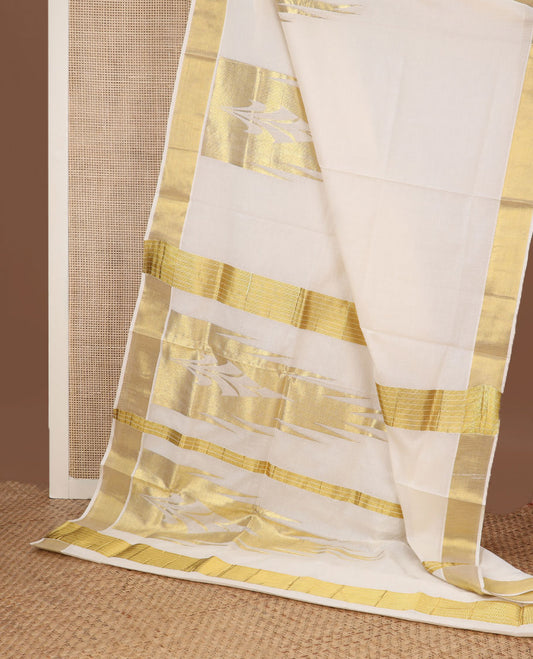 Cream Temple zari design Kerala saree, zari border, and temple design pallu