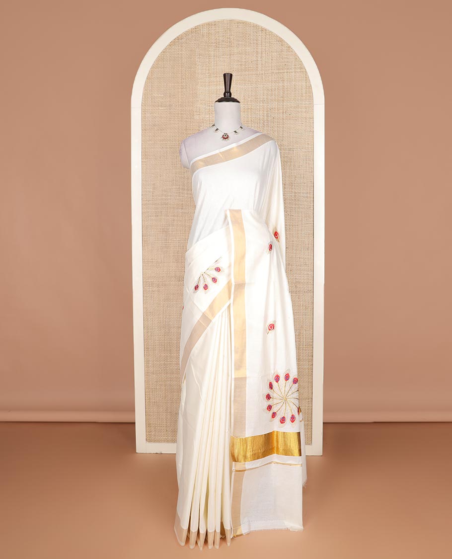 Cream feather motifs, Kerala cotton saree, bavanji border, and pallu of feather motifs